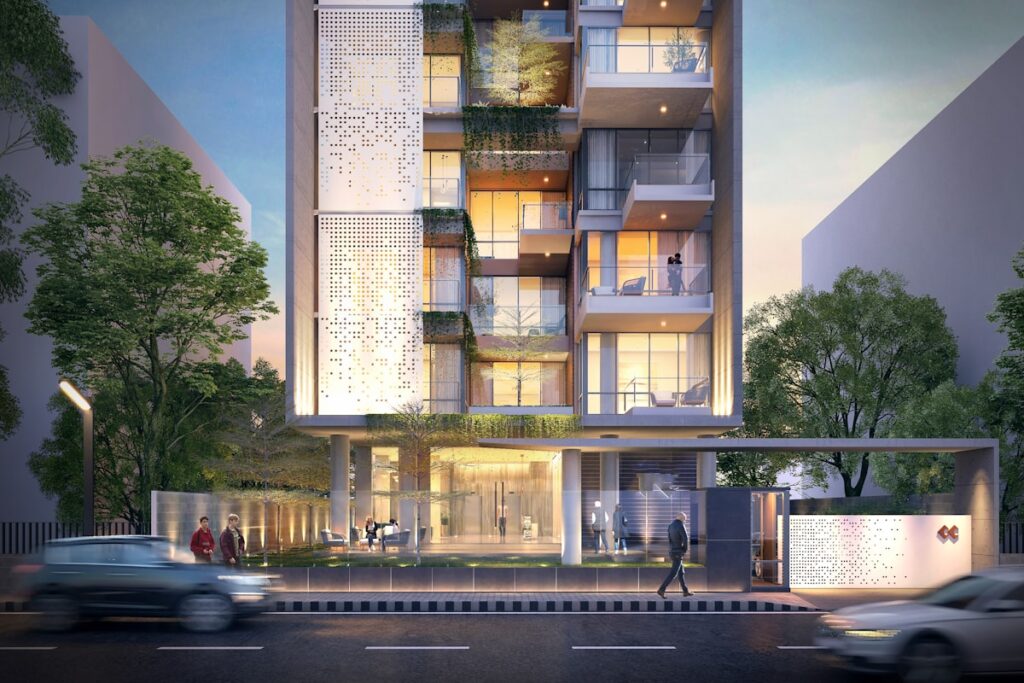 Modern apartment building with balconies in Mohali