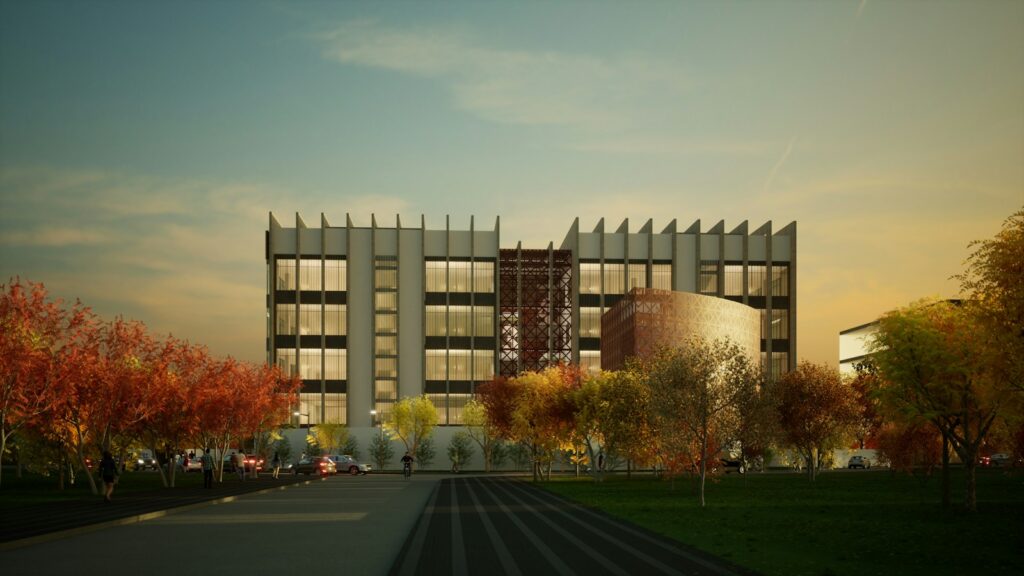 Rendered building in a park, the kind of scene that sets the 3d walkthrough price in india
