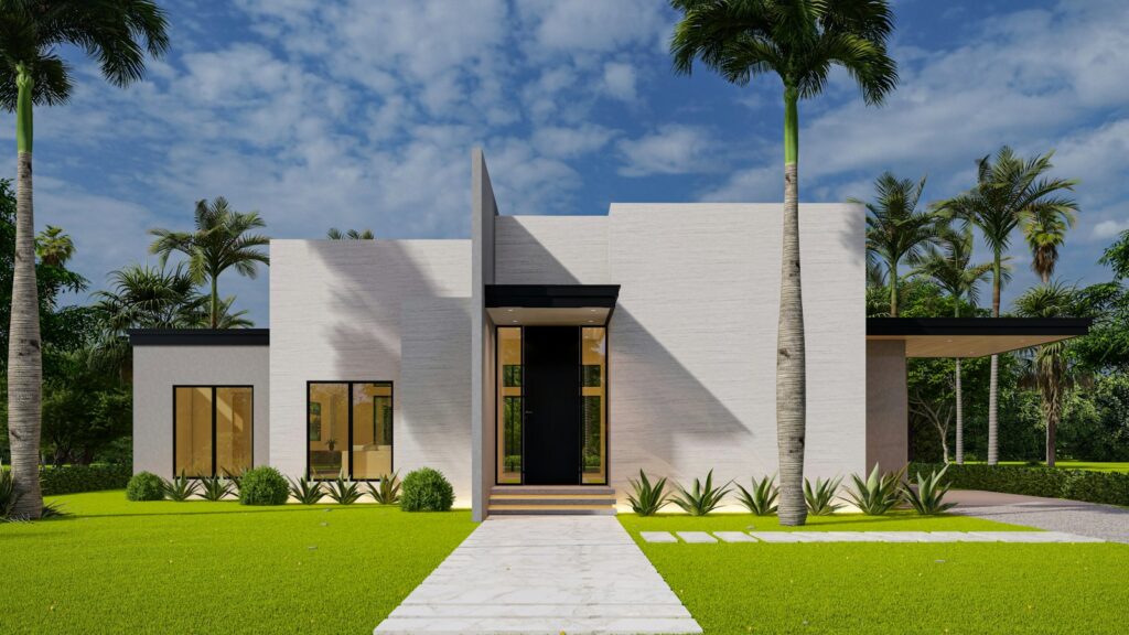 3D rendering of a modern house with palm trees for a project launch